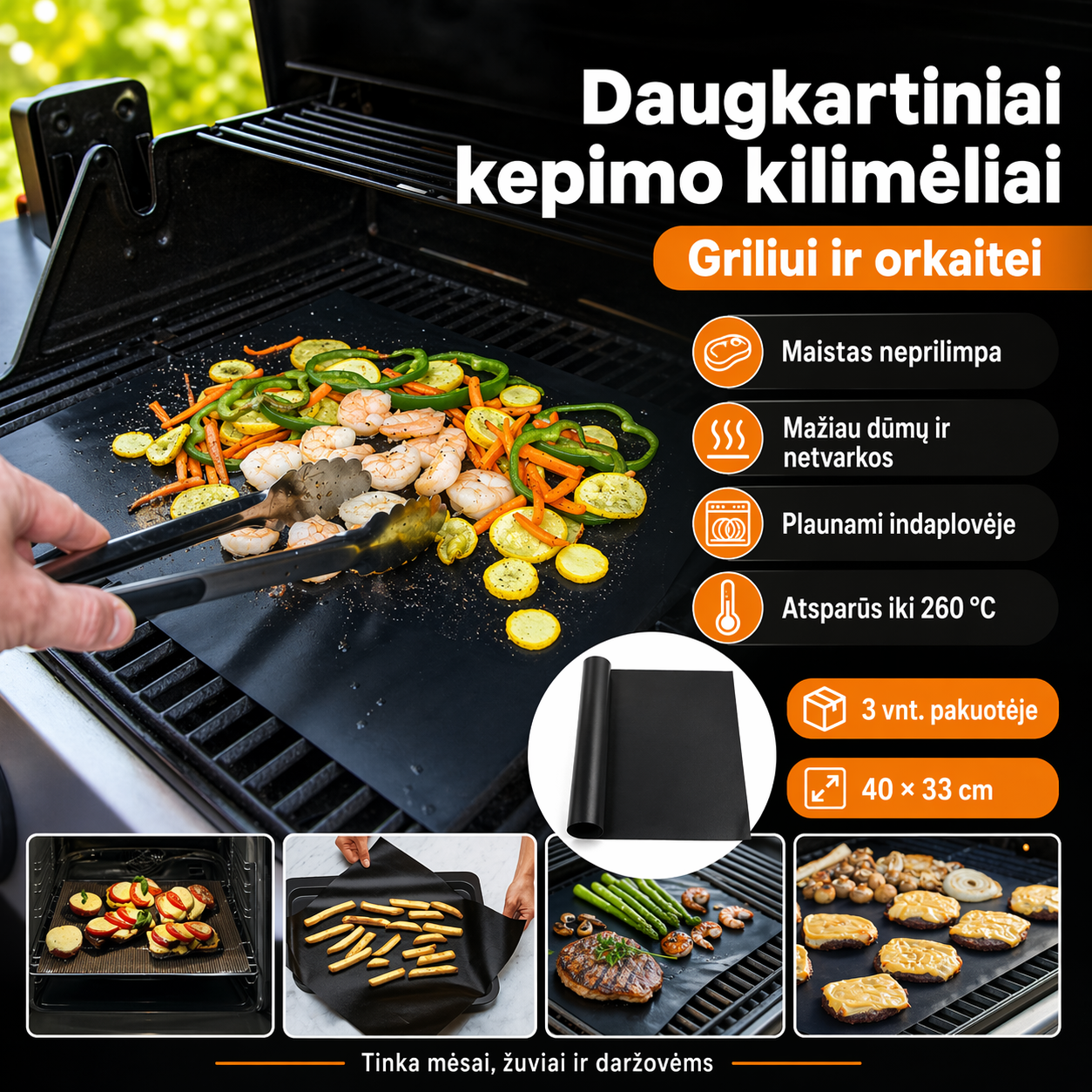 Nelimpantys daugkartiniai kepsninės kilimėliai (3vnt.) – švari kepsninė ir tobulai sultingi kepsniai
