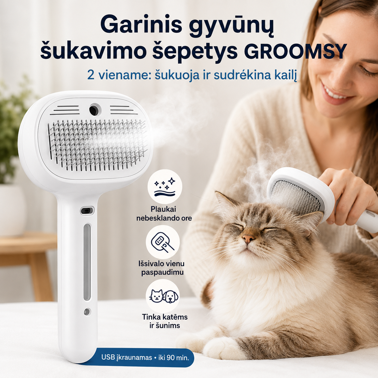 Garinis gyvūnų šukavimo šepetys (2 - viename, išsivalantis)