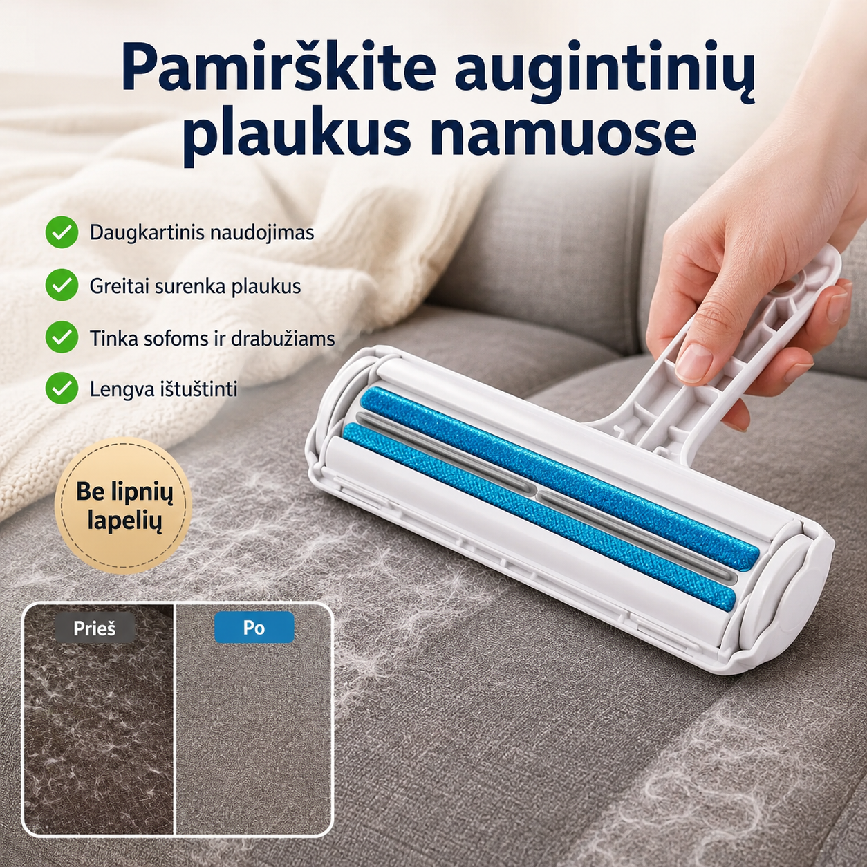 Gyvūnų plaukų surinkimo volelis - daugkartinis ir paprastas naudojimas