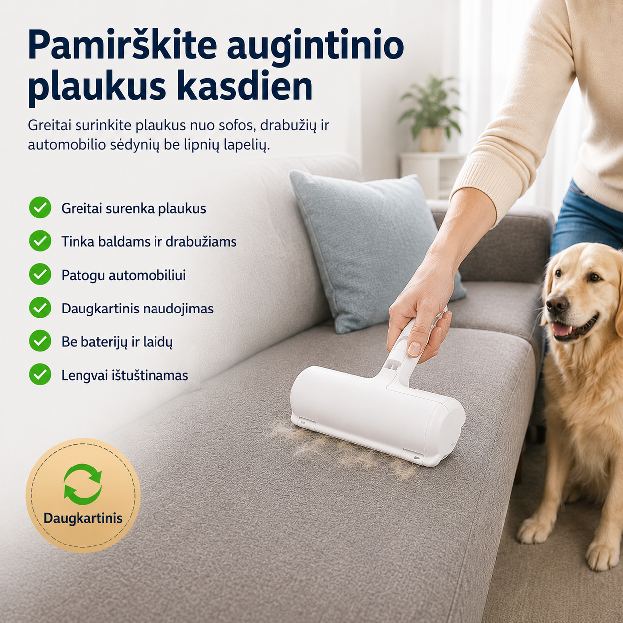 Gyvūnų plaukų surinkimo volelis - daugkartinis ir paprastas naudojimas