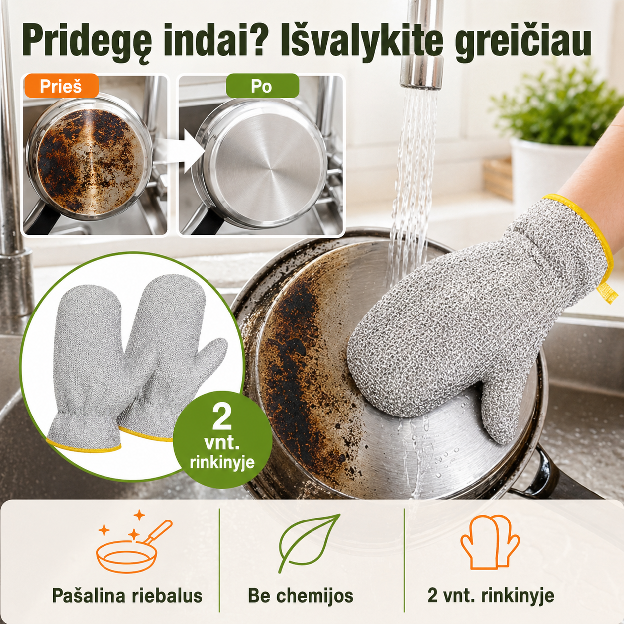 Virtuvinės šveitimo pirštinės iš metalinio pluošto, 2 vnt. – pridegusiems indams be vargo