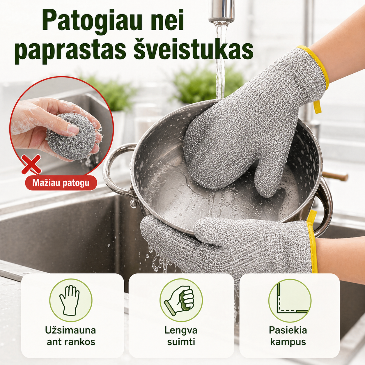 Virtuvinės šveitimo pirštinės iš metalinio pluošto, 2 vnt. – pridegusiems indams be vargo