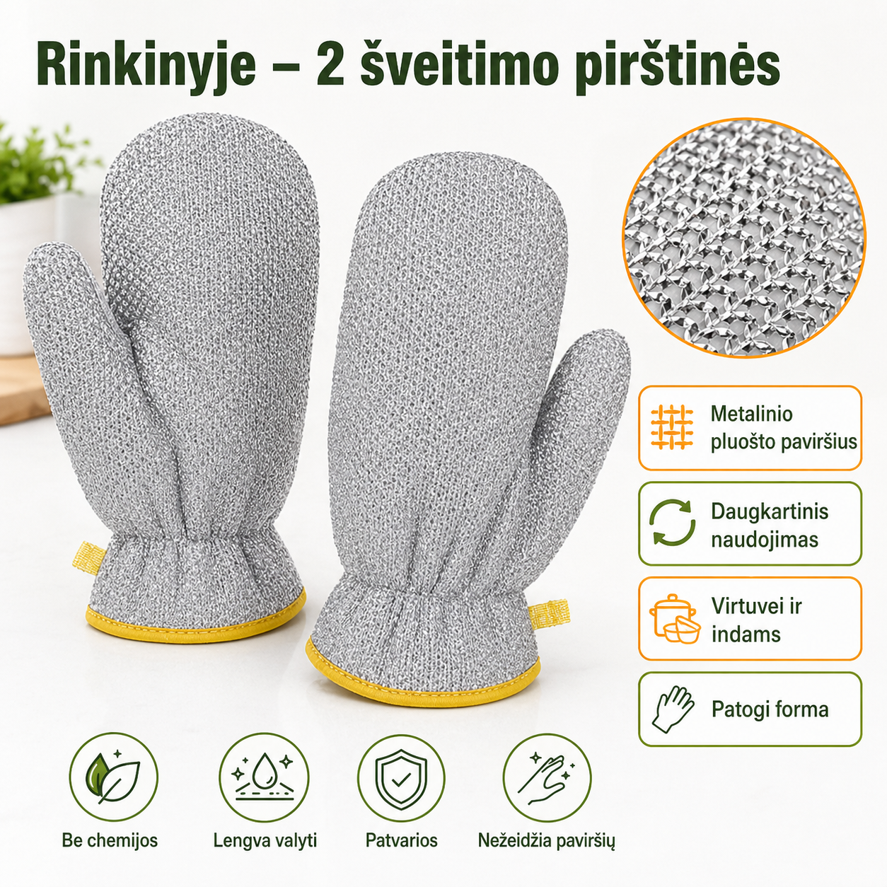Virtuvinės šveitimo pirštinės iš metalinio pluošto, 2 vnt. – pridegusiems indams be vargo