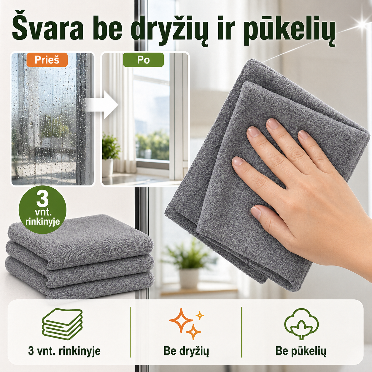 Mikropluošto valymo šluostės, 3 vnt. – švara be dryžių ir pūkelių
