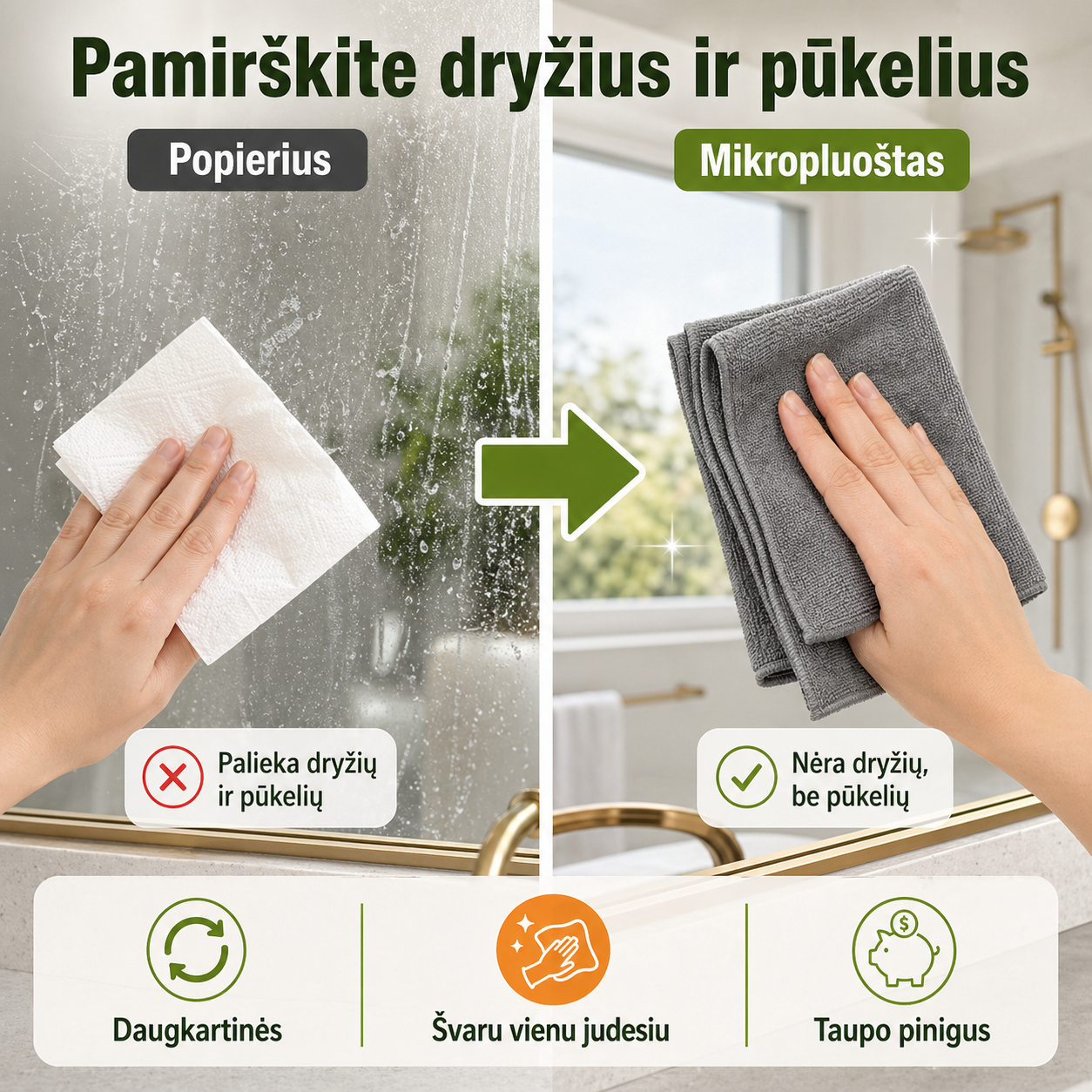 Mikropluošto valymo šluostės, 3 vnt. – švara be dryžių ir pūkelių