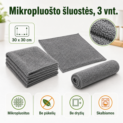 Mikropluošto valymo šluostės, 3 vnt. – švara be dryžių ir pūkelių