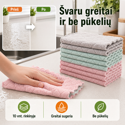 Daugkartinės virtuvinės šluostės, 10 vnt. – greitas valymas be pūkelių ir dryžių