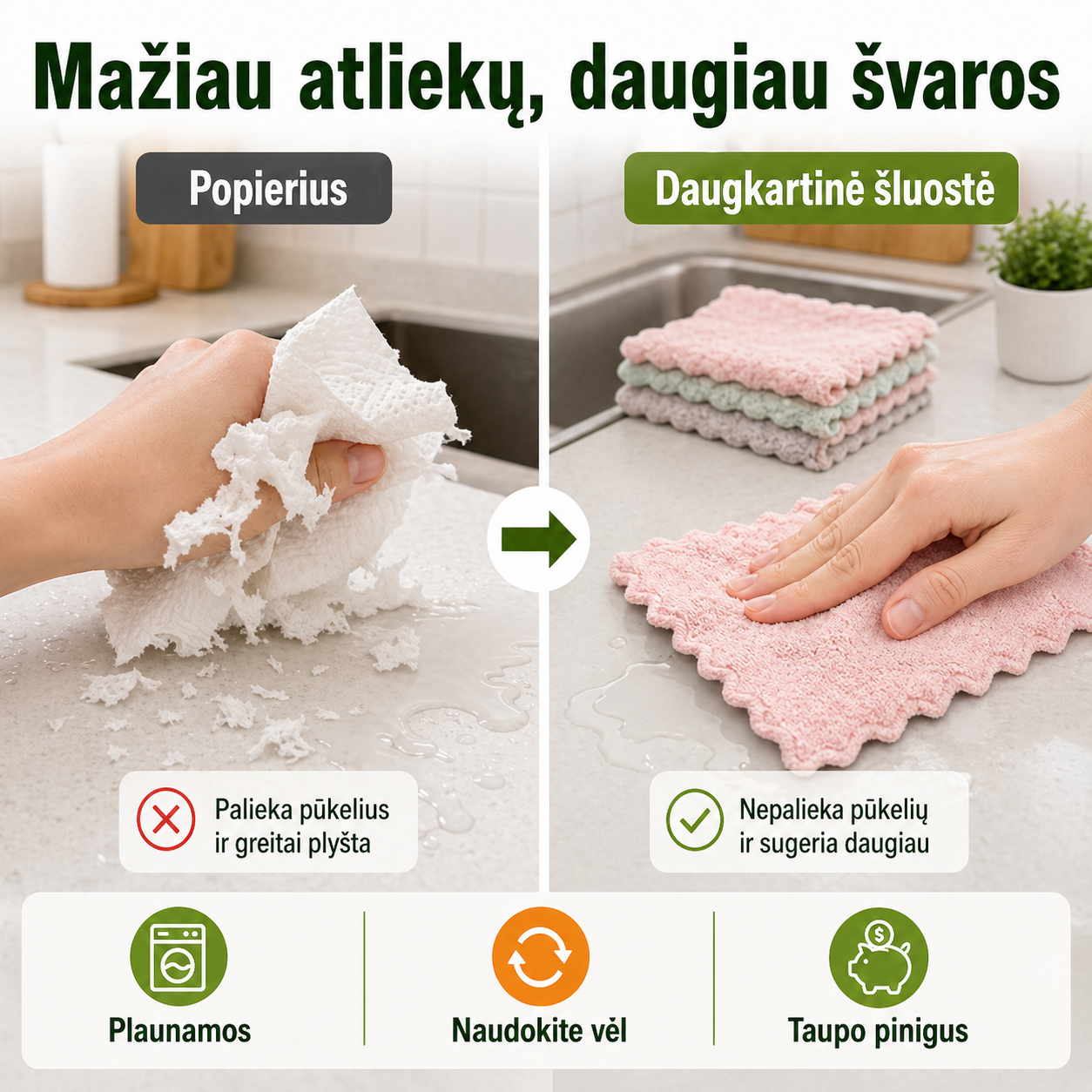 Daugkartinės virtuvinės šluostės, 10 vnt. – greitas valymas be pūkelių ir dryžių