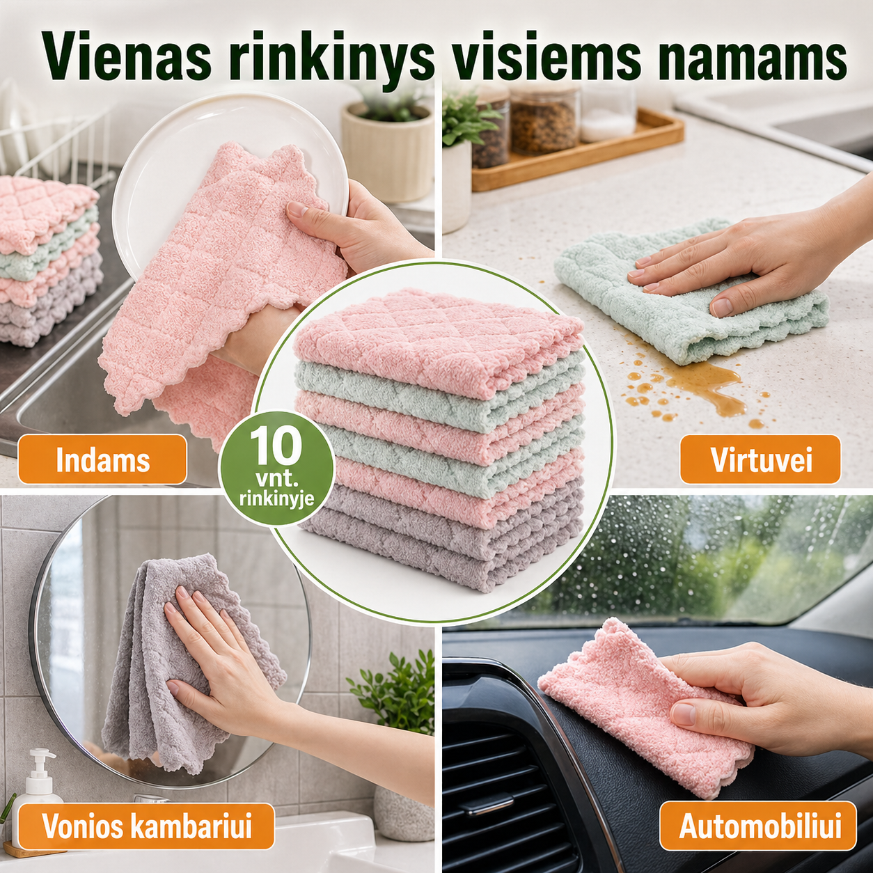 Daugkartinės virtuvinės šluostės, 10 vnt. – greitas valymas be pūkelių ir dryžių