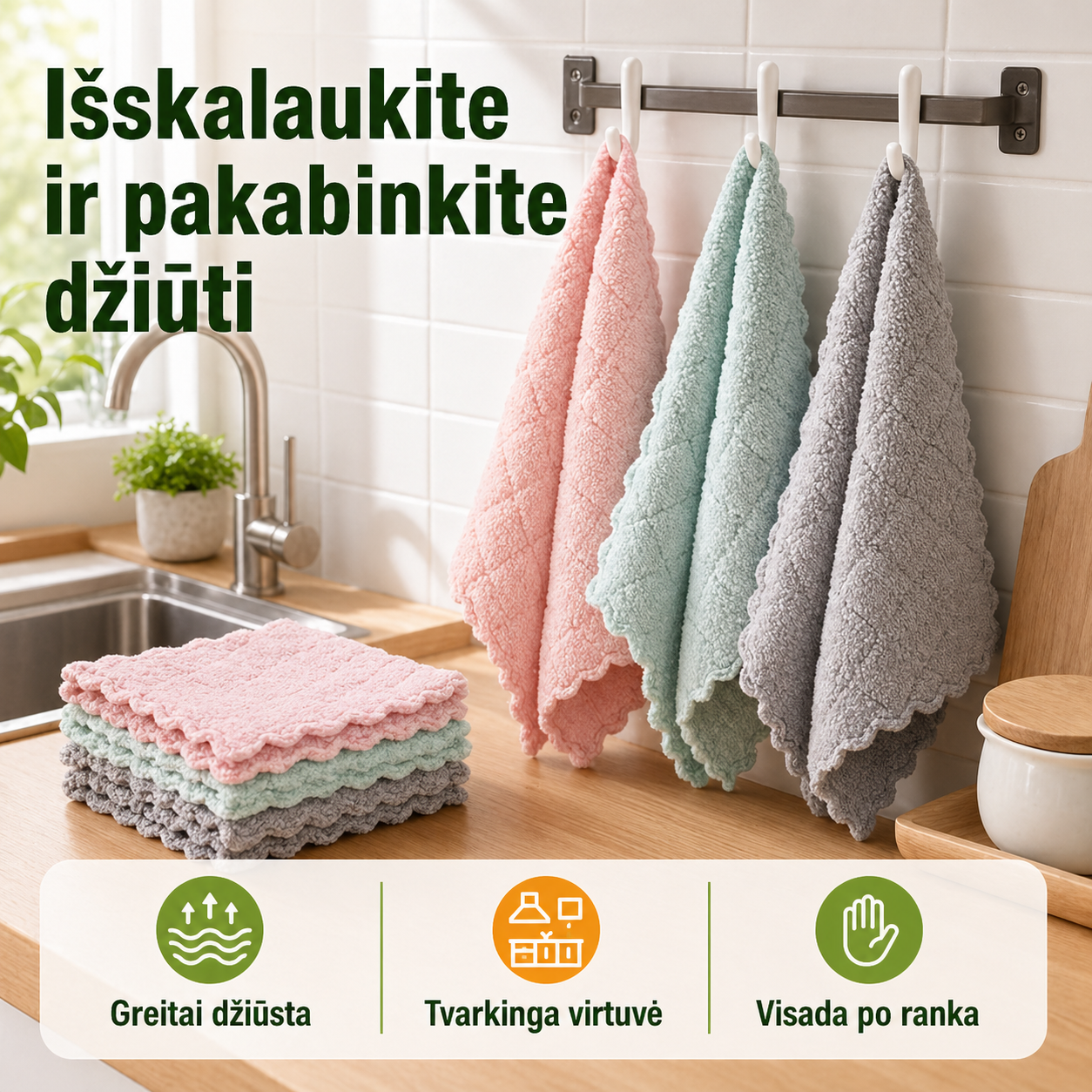 Daugkartinės virtuvinės šluostės, 10 vnt. – greitas valymas be pūkelių ir dryžių