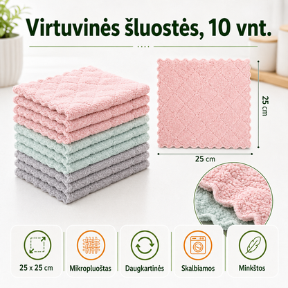 Daugkartinės virtuvinės šluostės, 10 vnt. – greitas valymas be pūkelių ir dryžių