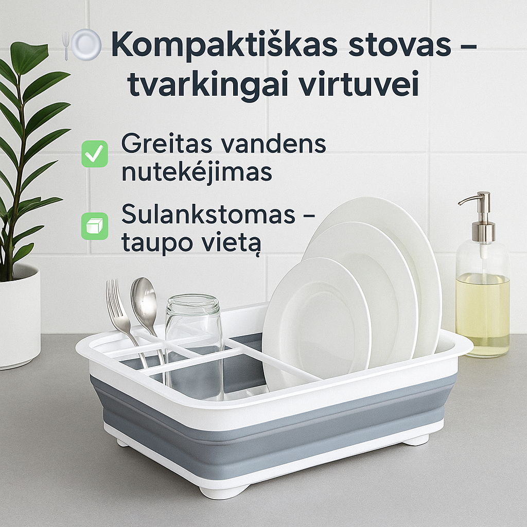 Kompaktiškas indų džiovinimo stovas – greitas nutekėjimas be netvarkos