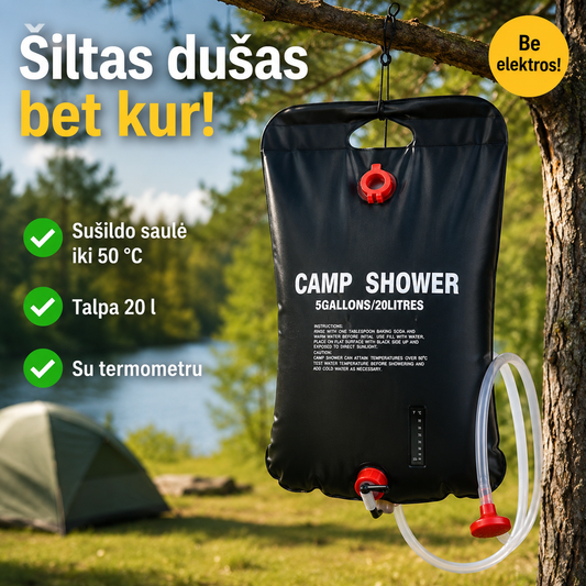 Saulės energija šildomas kempingo dušas (20 l, vandenį sušildo iki 50 °C)