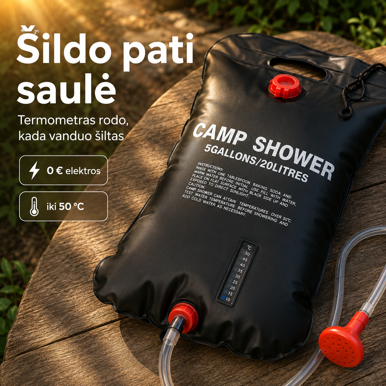 Saulės energija šildomas kempingo dušas (20 l, vandenį sušildo iki 50 °C)