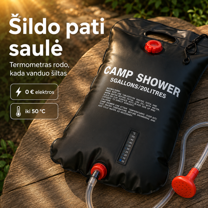 Saulės energija šildomas kempingo dušas (20 l, vandenį sušildo iki 50 °C)