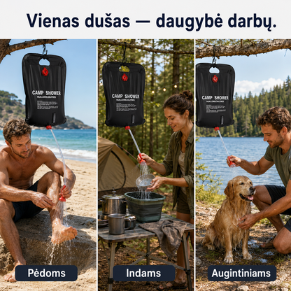 Saulės energija šildomas kempingo dušas (20 l, vandenį sušildo iki 50 °C)