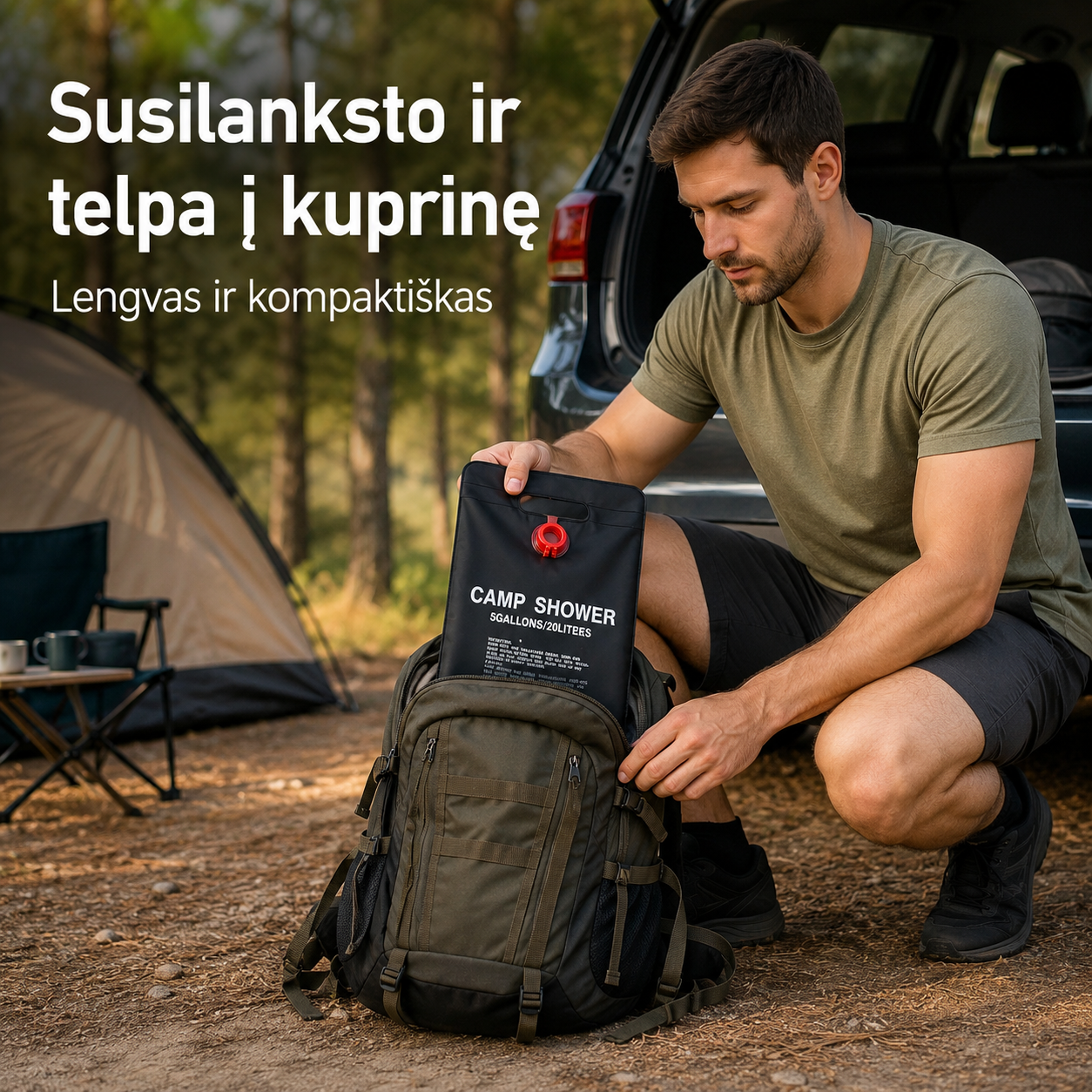 Saulės energija šildomas kempingo dušas (20 l, vandenį sušildo iki 50 °C)