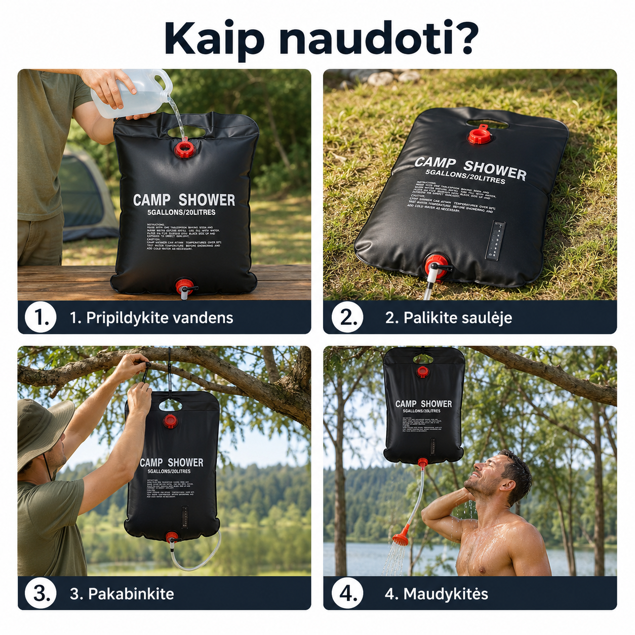 Saulės energija šildomas kempingo dušas (20 l, vandenį sušildo iki 50 °C)