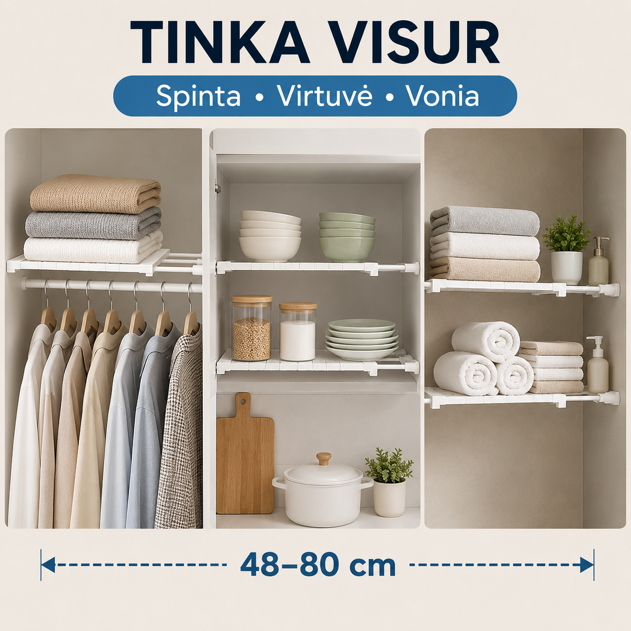 Išplečiama įtempiama lentyna be gręžimo (48–80 cm)