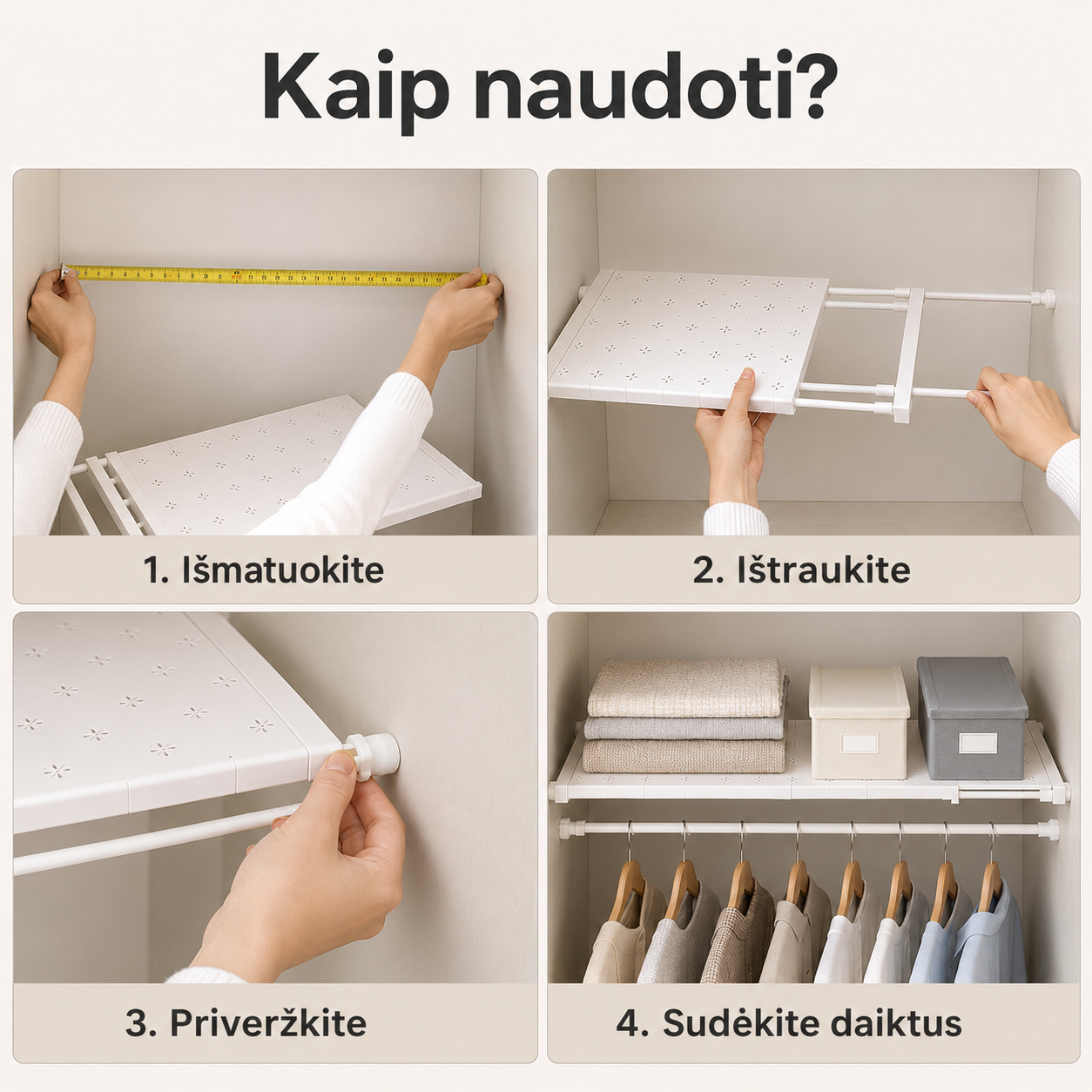 Išplečiama įtempiama lentyna be gręžimo (48–80 cm)
