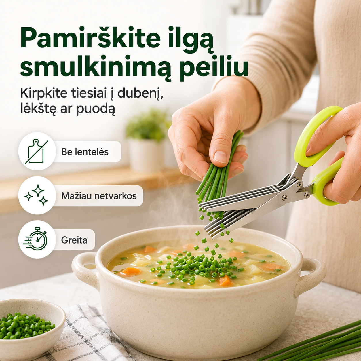 Daugiaašmenės žolelių ir salotų žirklės – greitas smulkinimas be lentelės ir peilio