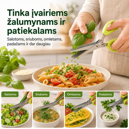 Daugiaašmenės žolelių ir salotų žirklės – greitas smulkinimas be lentelės ir peilio