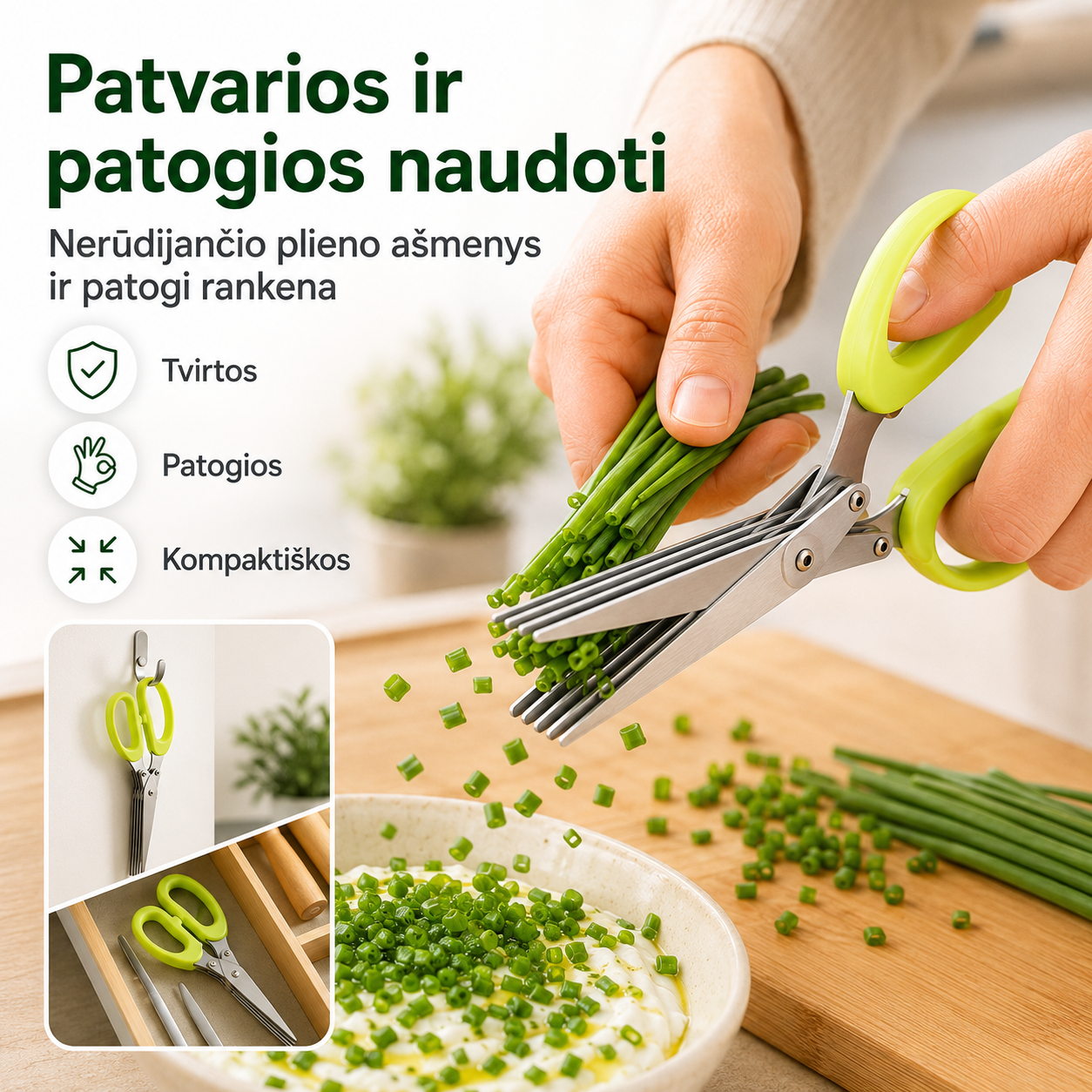 Daugiaašmenės žolelių ir salotų žirklės – greitas smulkinimas be lentelės ir peilio