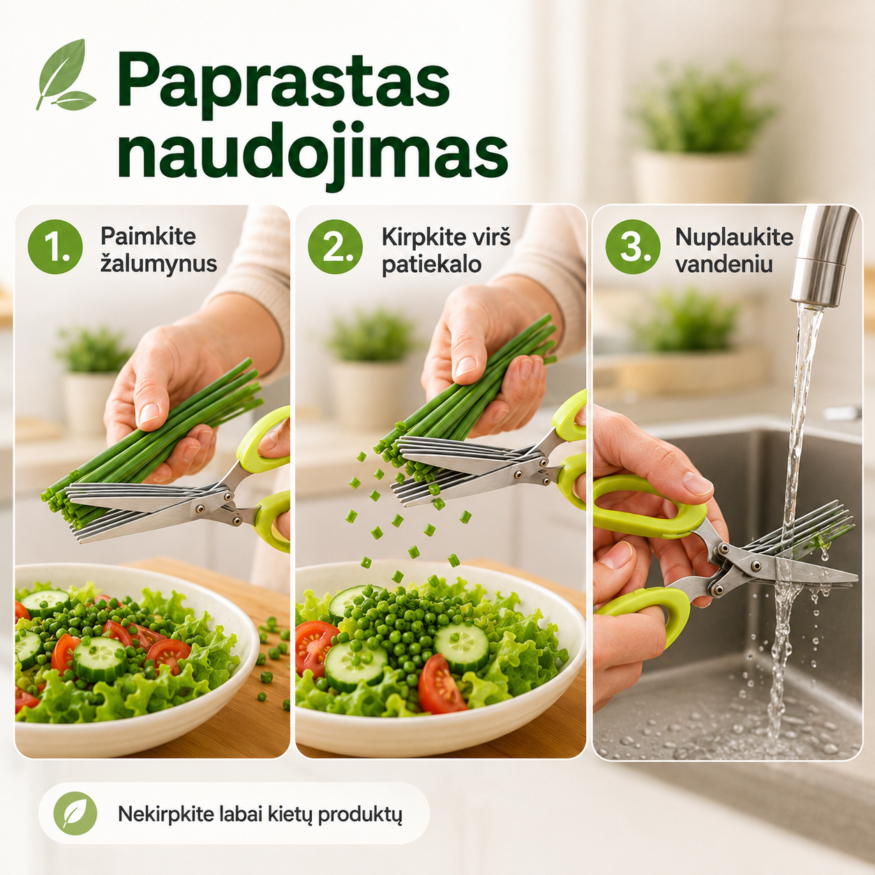 Daugiaašmenės žolelių ir salotų žirklės – greitas smulkinimas be lentelės ir peilio