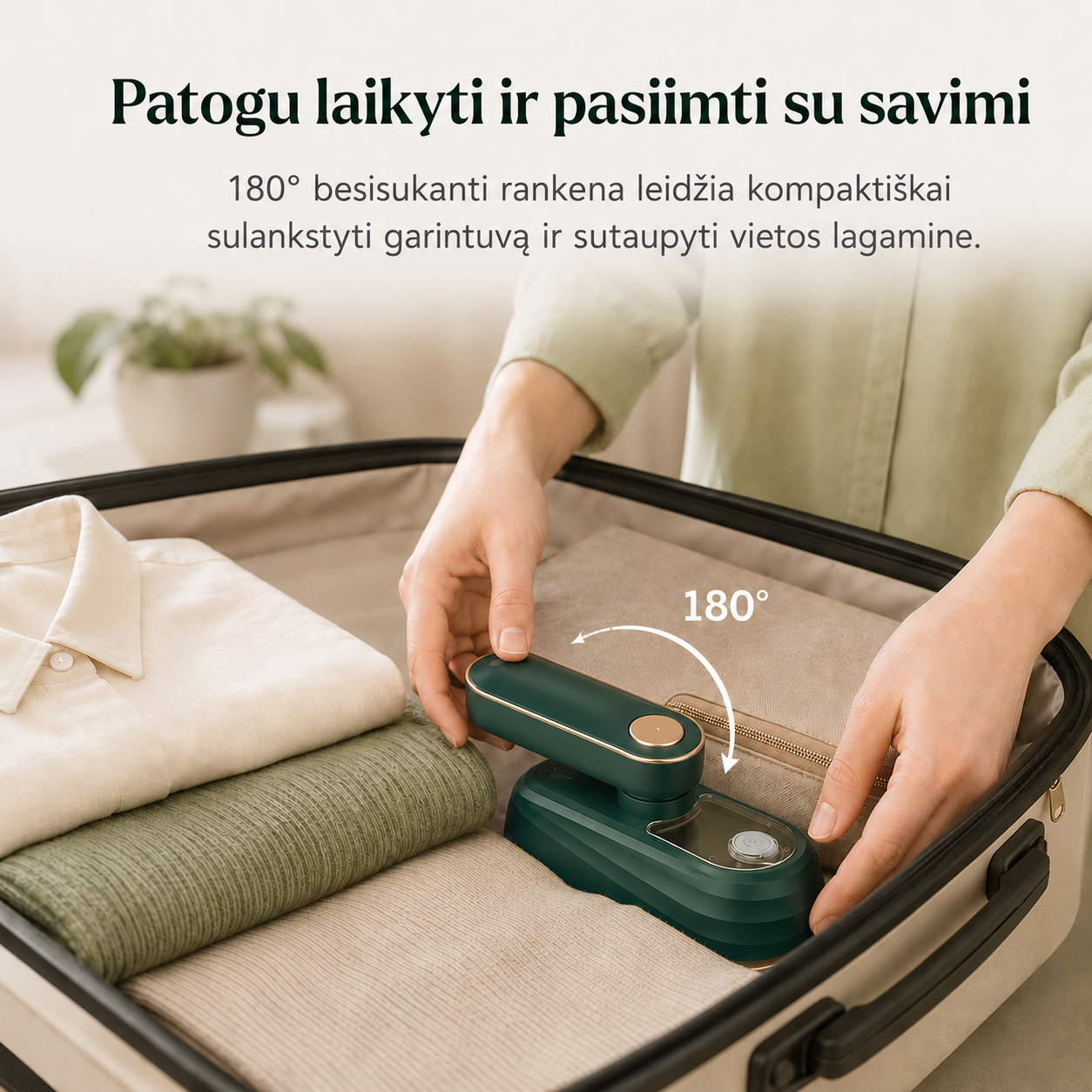 Mini drabužių garinis lygintuvas su sukiojama rankena