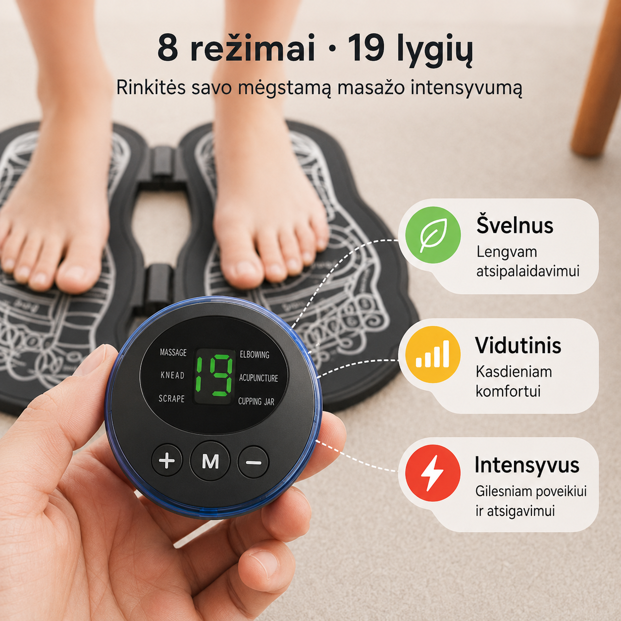 EMS pėdų masažo kilimėlis (8 režimai, 19 intensyvumo lygių)