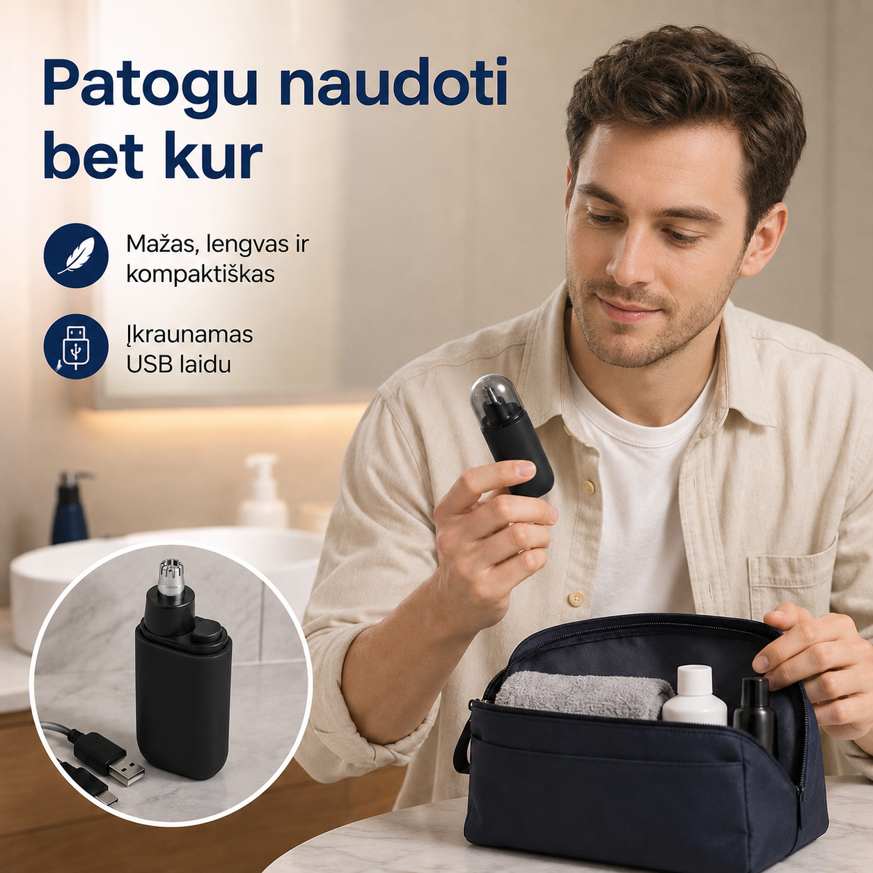 Įkraunamas nosies ir ausų plaukelių trimeris – tvarkinga išvaizda be skausmo