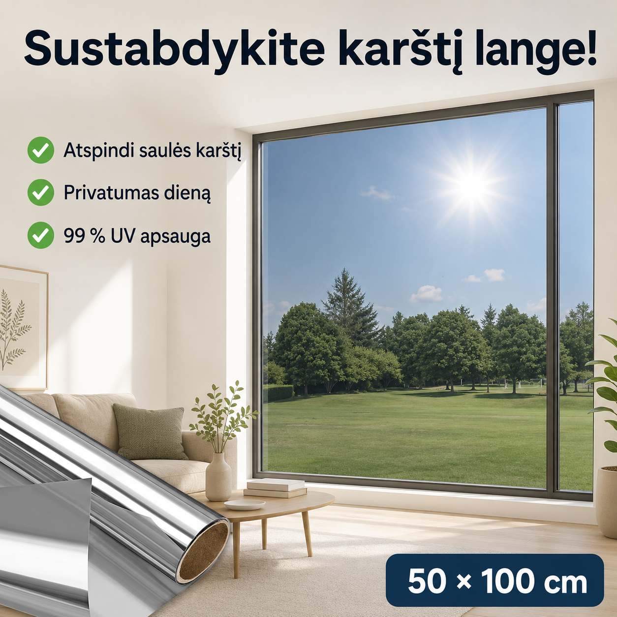 Veidrodinė langų plėvelė nuo saulės ir smalsių žvilgsnių (50 × 100 cm)