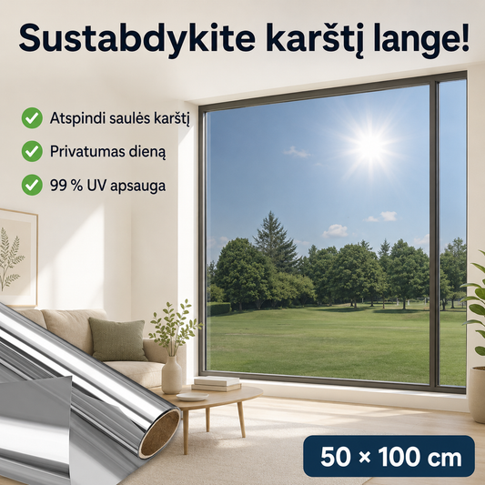 Veidrodinė langų plėvelė nuo saulės ir smalsių žvilgsnių (50 × 100 cm)
