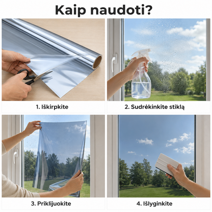 Veidrodinė langų plėvelė nuo saulės ir smalsių žvilgsnių (50 × 100 cm)