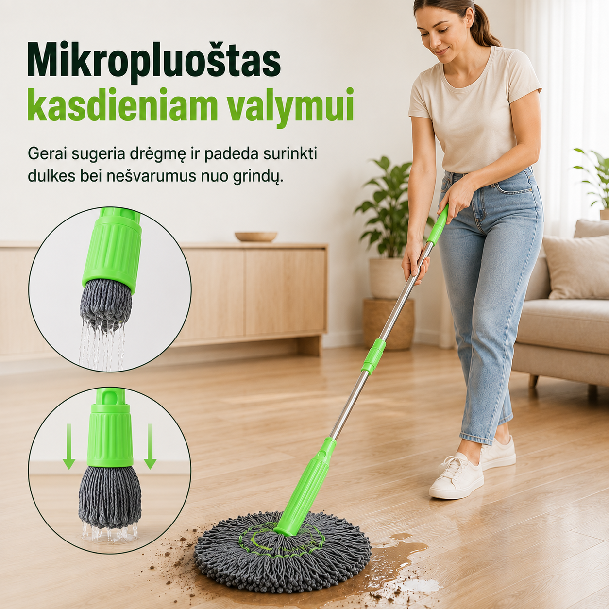 Savaime išsigręžianti apvali 360° šluota (su mikropluošto šluoste)