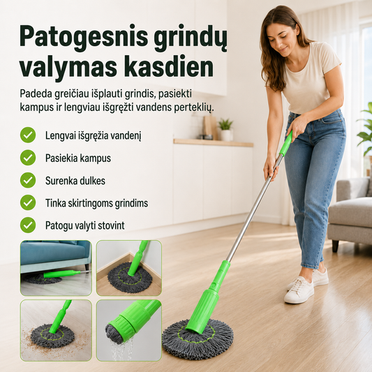 Savaime išsigręžianti apvali 360° šluota (su mikropluošto šluoste)