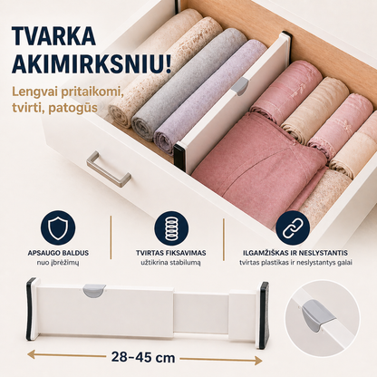 Reguliuojama stalčių pertvara – tobula tvarka namuose