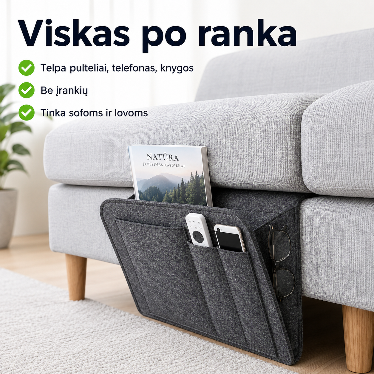 Sofos šoninis organizatorius su kišenėmis (tinka sofoms, foteliams ir lovoms)