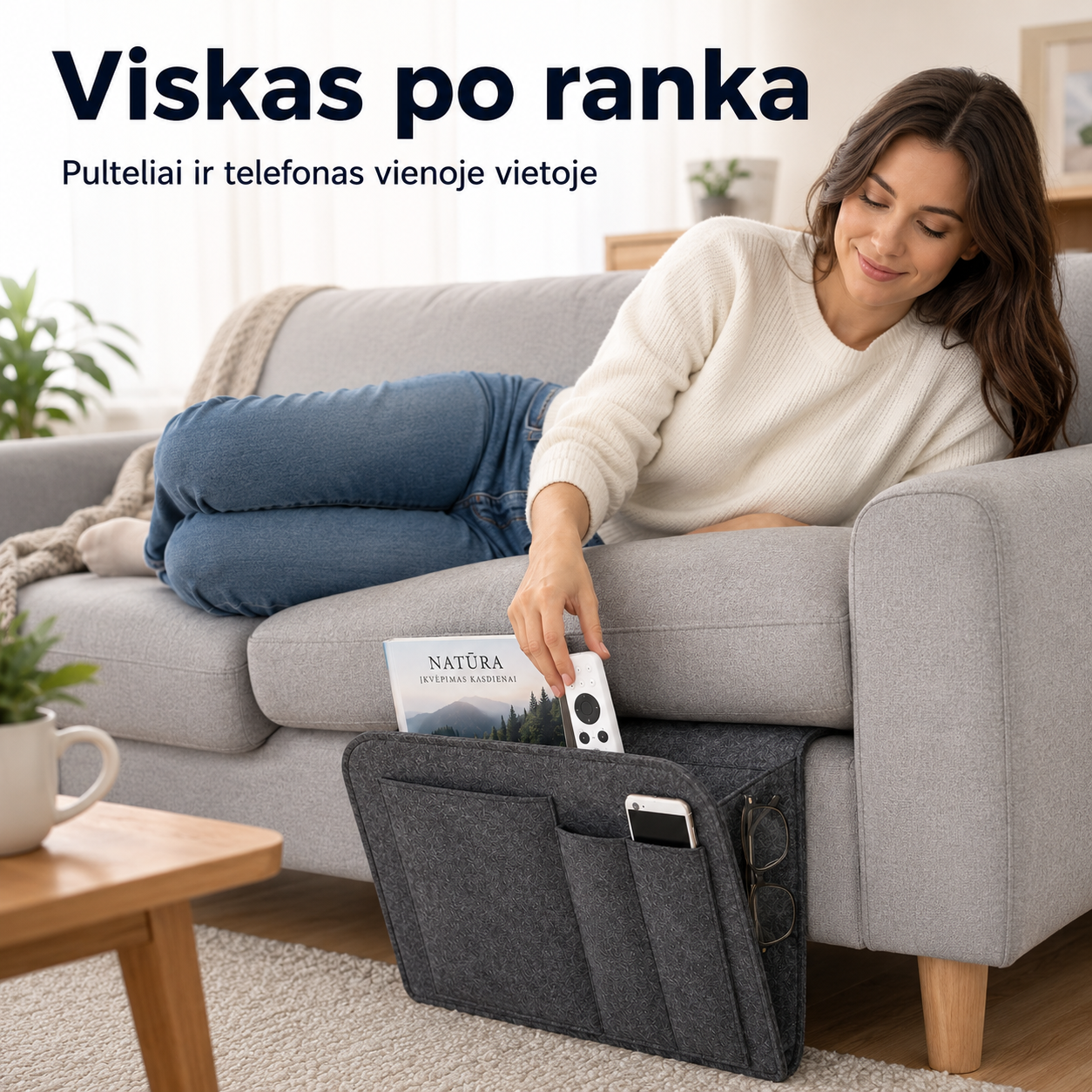 Sofos šoninis organizatorius su kišenėmis (tinka sofoms, foteliams ir lovoms)