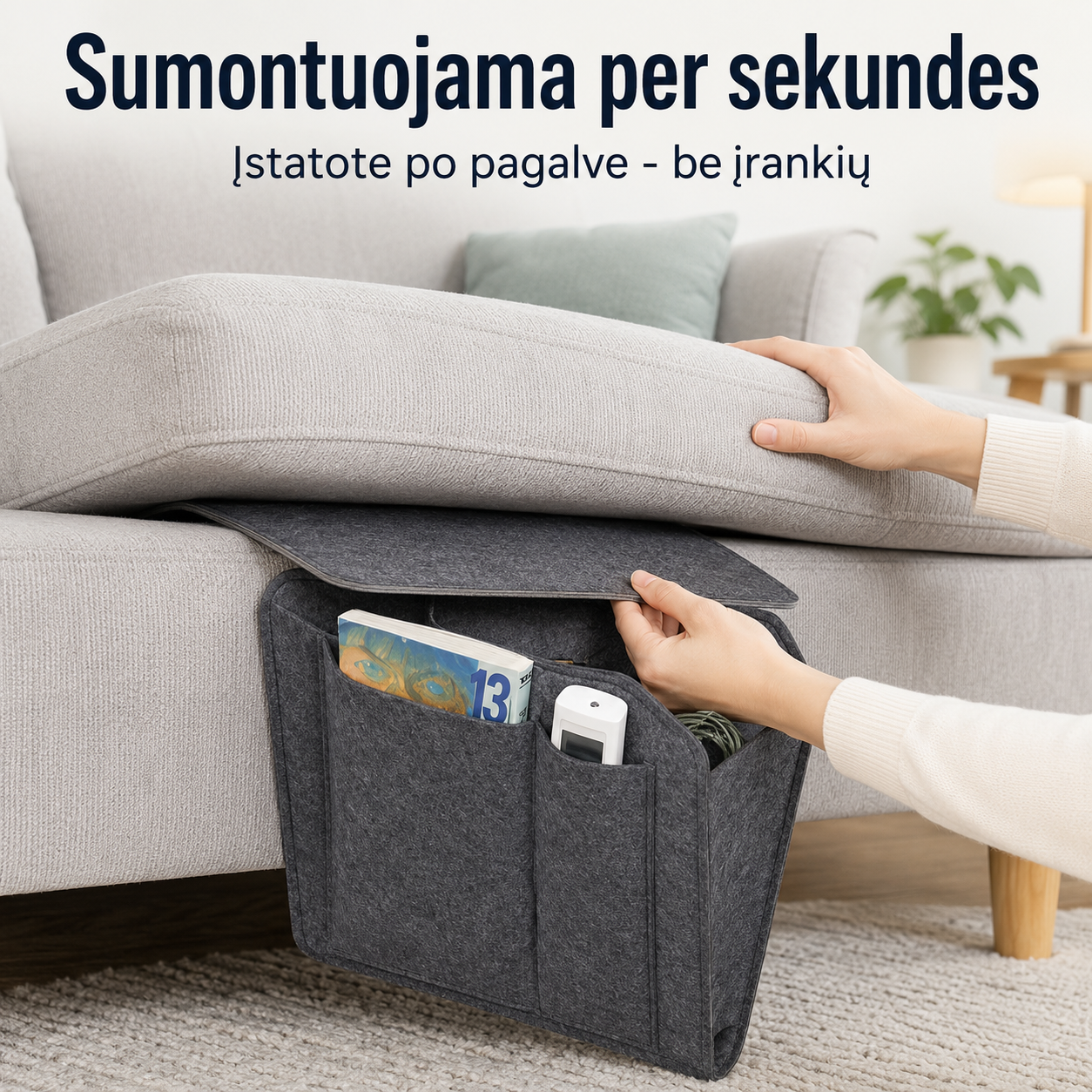 Sofos šoninis organizatorius su kišenėmis (tinka sofoms, foteliams ir lovoms)