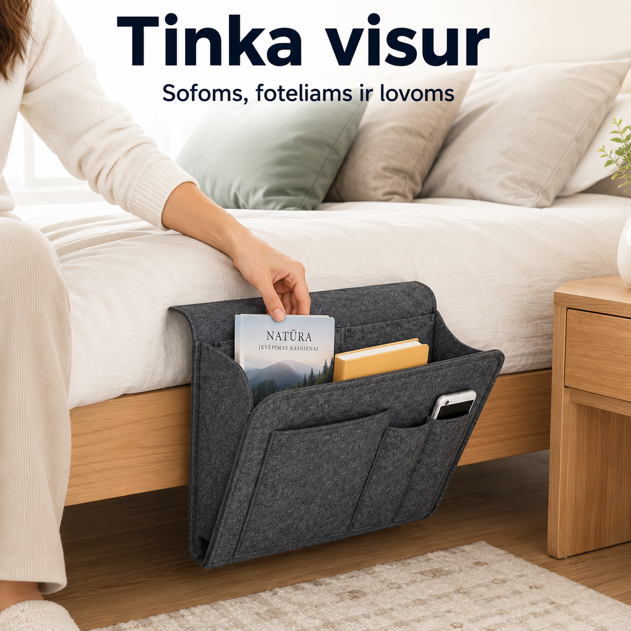 Sofos šoninis organizatorius su kišenėmis (tinka sofoms, foteliams ir lovoms)