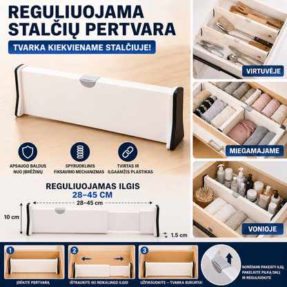 Reguliuojama stalčių pertvara – tobula tvarka namuose
