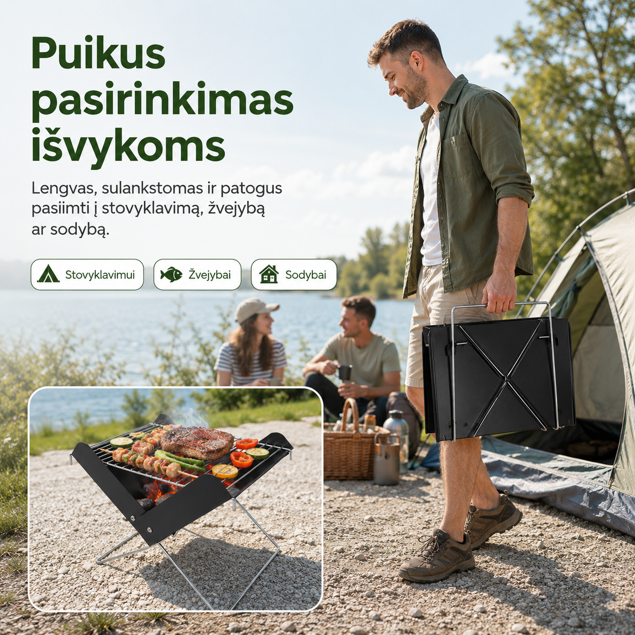 Sulankstomas nešiojamas grilis (patogus išvykoms ir stovyklavimui) – nuotrauka 3