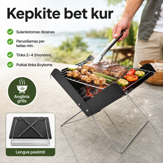 Sulankstomas nešiojamas grilis (patogus išvykoms ir stovyklavimui)