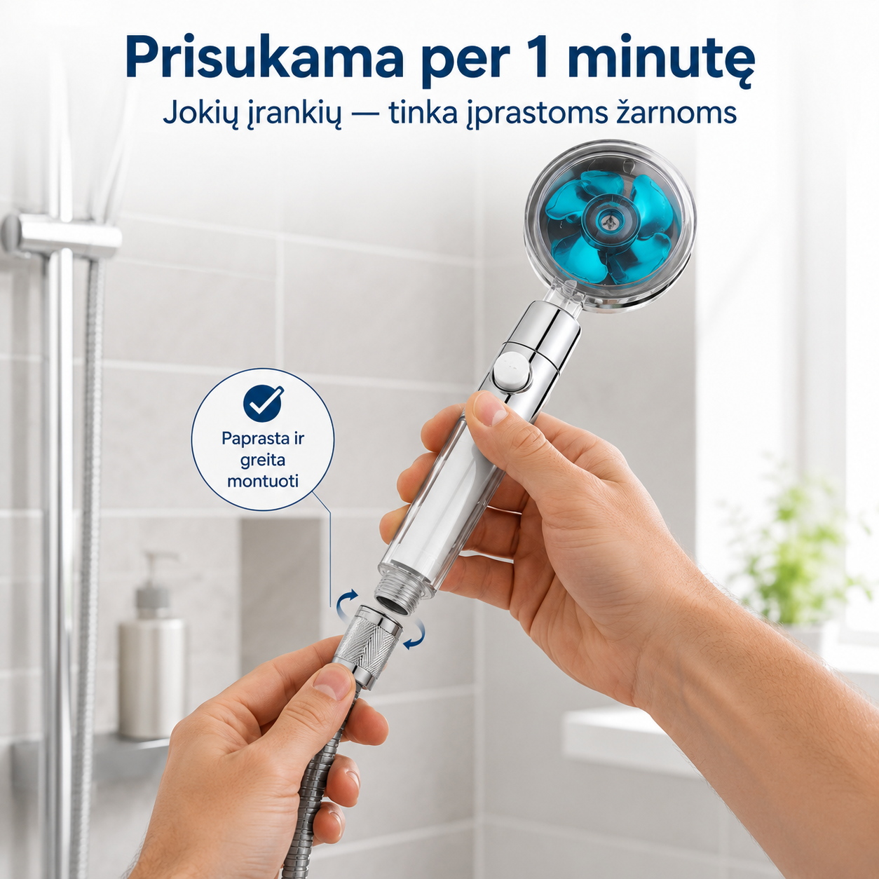 Turbo dušo galvutė su keičiamu filtru (padidina vandens slėgį)