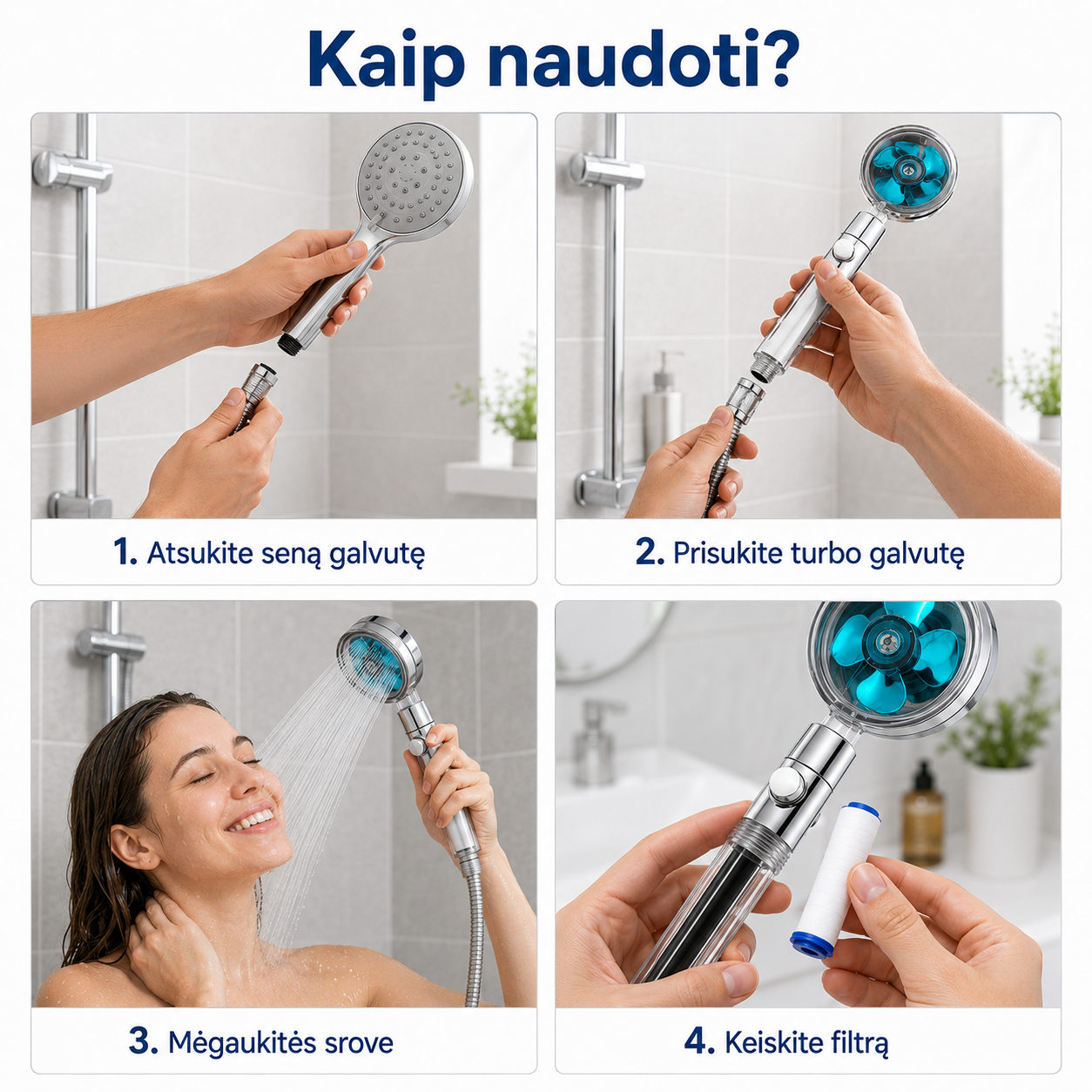 Turbo dušo galvutė su keičiamu filtru (padidina vandens slėgį)