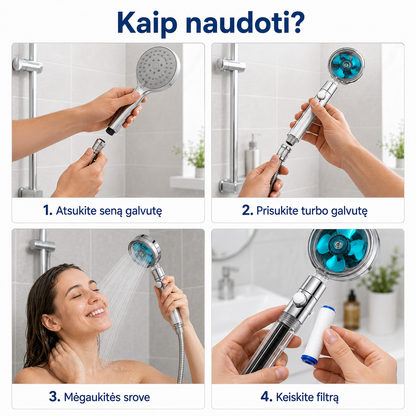 Turbo dušo galvutė su keičiamu filtru (padidina vandens slėgį)