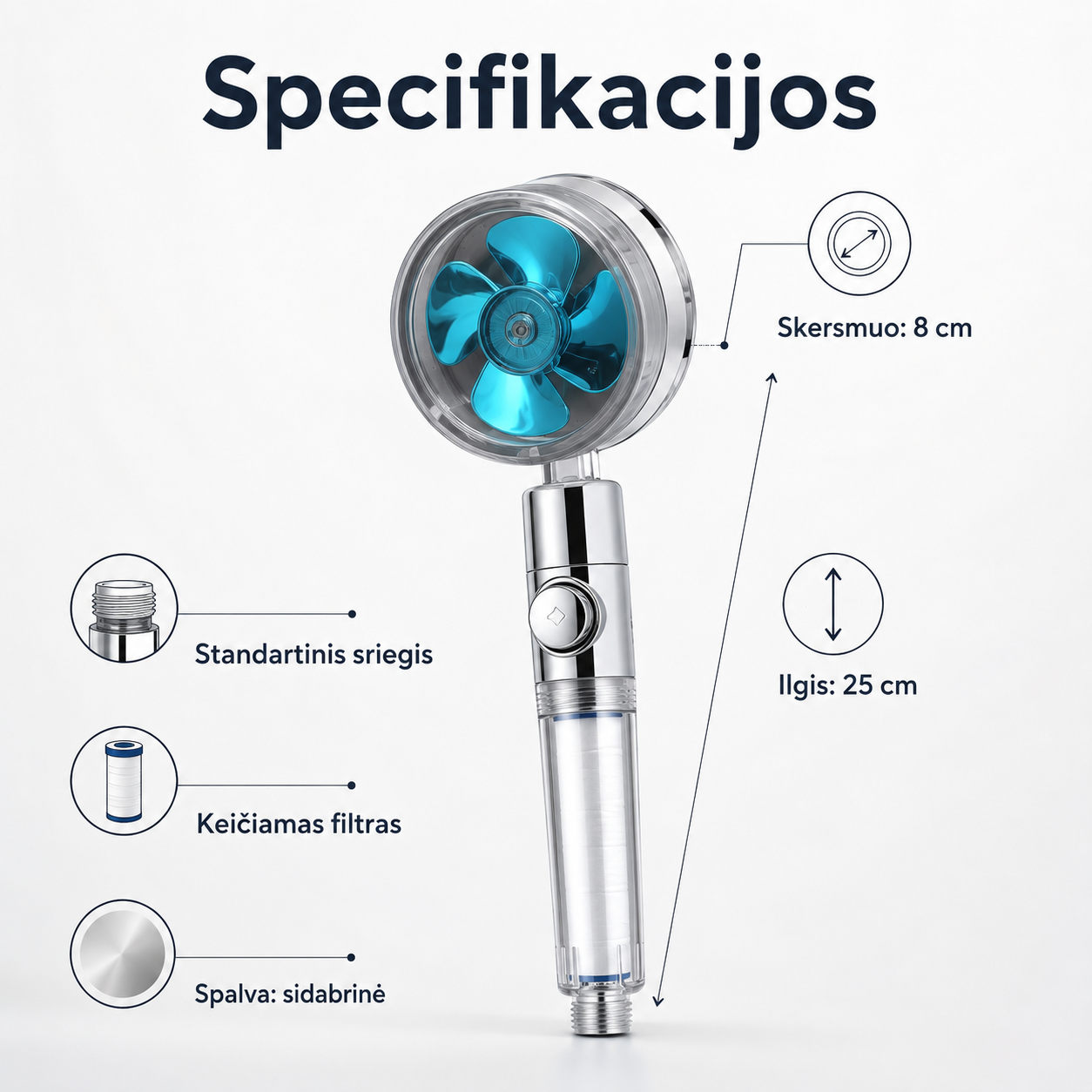 Turbo dušo galvutė su keičiamu filtru (padidina vandens slėgį)