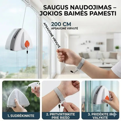 Dvipusis magnetinis langų valytuvas su galingais magnetais – saugus ir greitas valymas iš abiejų pusių