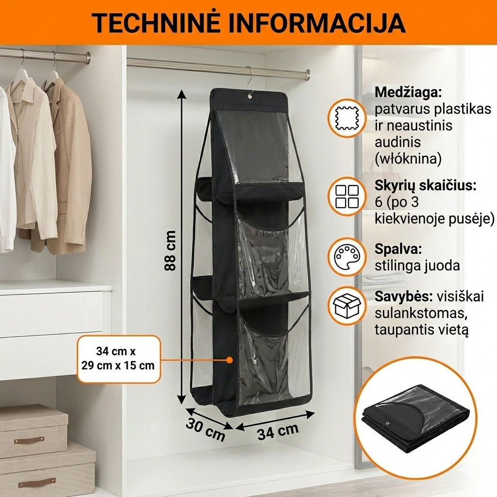 Pakabinamas rankinių organizatorius (6 skyriai) 